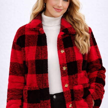 Chaqueta sherpa a cuadros para mujer