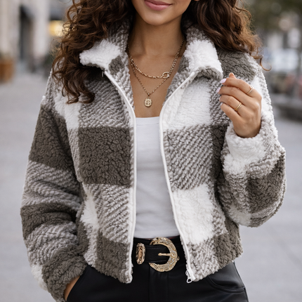Chaqueta de mujer Teddy a cuadros Sherpa