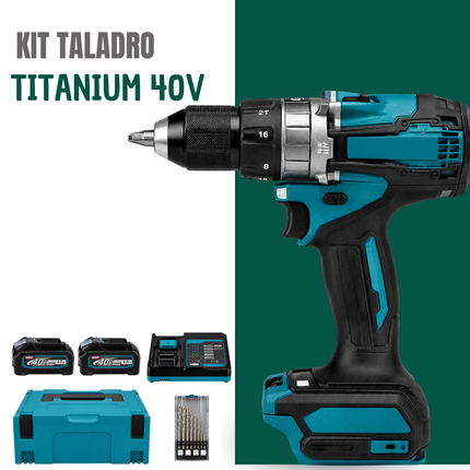 Kit Taladro y Atornillador Profesional 40V Titanium Completo + Maleta, Batería Extra, Base de Carga y Kit de Mechas