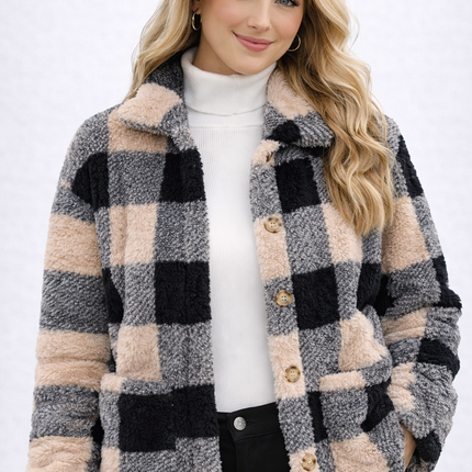 Chaqueta sherpa a cuadros para mujer